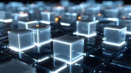 Abstract Glowing Cubes on a Dark Grid Surface Representing Data, Technology, and Digital Connections.