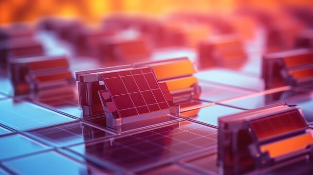 Rows of Miniature Solar Panels Reflecting Warm Sunlight on a Grid Surface.