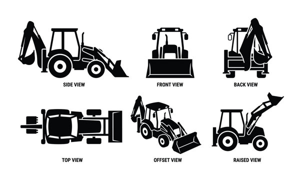 Backhoe loader vector set showing side front back top offset and raised view positions