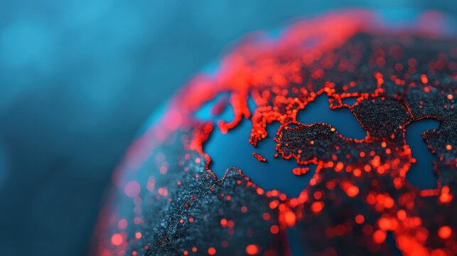 A close-up view of a textured globe, featuring glowing red details that highlight continents against a dark, blurred background.