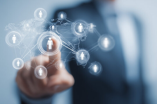 Global business structure of networking. Analysis and data exchange customer connection, HR recruitment and global outsourcing, Customer service, Teamwork, Strategy - Powered by Adobe