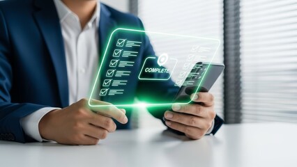 Man in Navy Blue Suit Interacting with Green Holographic Display