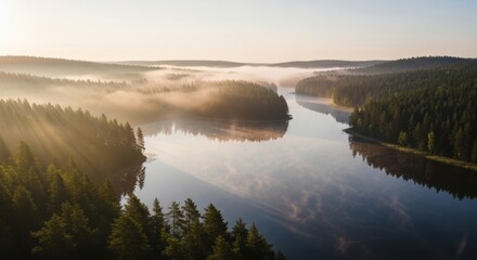 Obraz premium Serene Aerial View of Misty River Surrounded by Lush Forests