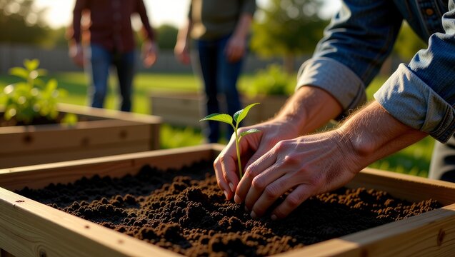 Hands planting seedling in garden bed - Powered by Adobe