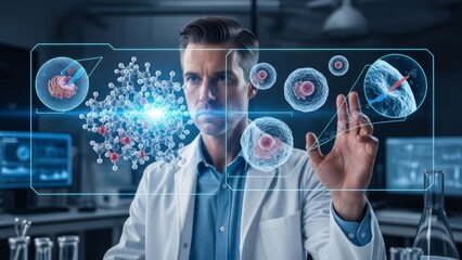 Medical Researcher Analyzing Molecular Structure with Holographic Interface