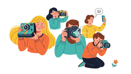Diverse Group of Enthusiastic Photographers Capturing Moments with Traditional Cameras and Modern Digital Devices