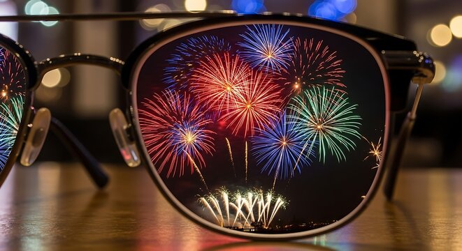 Fireworks display reflected in sunglasses against blurred background