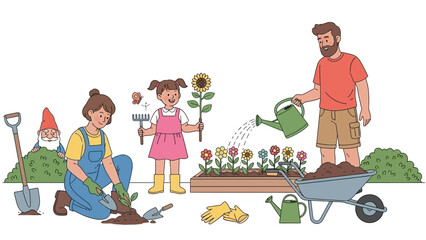 Family gardening together, planting flowers and vegetables, enjoying outdoor activities with kids