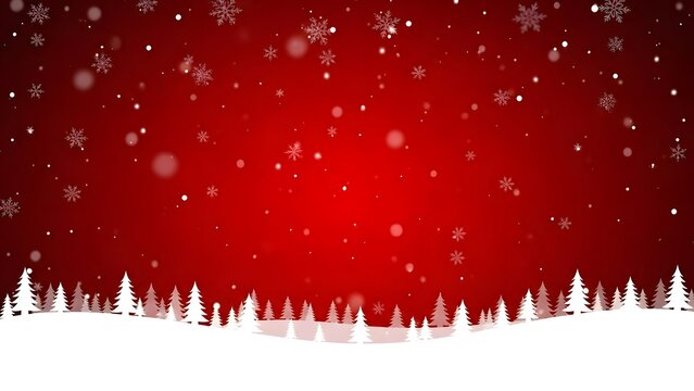 Red christmas background with snowflakes and white trees for holiday season