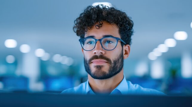 A focused young man with curly hair and glasses stares intently at a computer screen in a modern office setting.