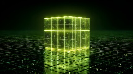 Abstract Green Neon Cube on Digital Circuit Board Background.
