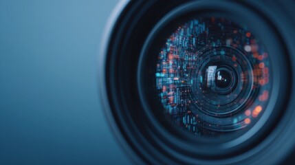 A close-up of a camera lens showcasing intricate data patterns, highlighting the intersection of technology and photography.