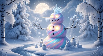 Magical and whimsical scene of a glowing, pastel rainbow-swirl snowman with glowing eyes and buttons, standing in a snowy forest under a full moon, surrounded by small snow animals.
