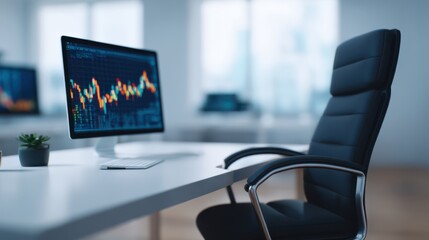 A modern workspace featuring a sleek black chair, a computer displaying financial data, and a small plant on a minimalistic desk.