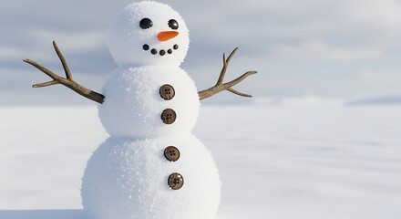 Obraz premium Traditional three-ball snowman with a carrot nose, coal-dot mouth, and wooden buttons, featuring twig arms, standing in an open, snowy winter landscape under a cloudy sky. 