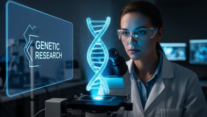 Scientist in Lab Observing Glowing Blue Holographic DNA Structure