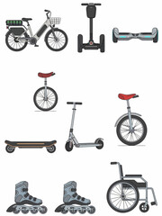 Collection of personal mobility devices including electric and manual transport icons © Faisal