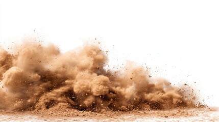 A large dust cloud erupts from the dry ground likely due to a vehicle or animal passing through. The scene captures the energy and vibrancy of the environment under bright sunlight.