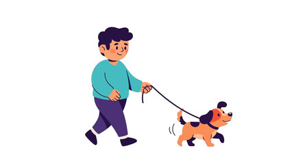 Young man walking his happy puppy dog on a leash. Simple flat vector illustration of a pet owner and their canine companion © Avra
