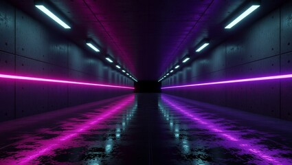 Neonlit futuristic corridor with wet reflective floor