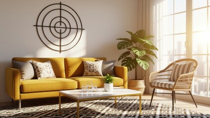 Modern living room with yellow sofa and sunlit windows