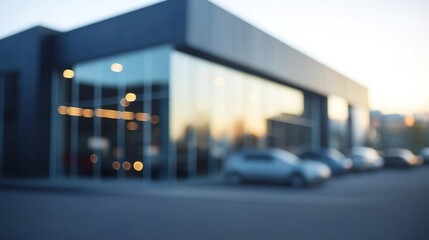 Blurred modern vehicle dealership exterior, defocused business background with automobile showroom architecture and commercial display, automotive retail visualization with copy space