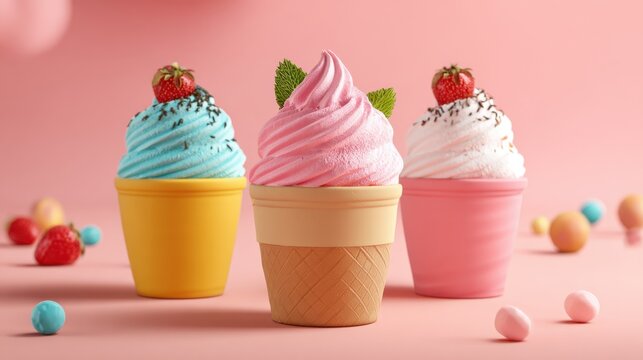 Three vibrant ice cream cups sit on a soft pink background featuring flavors of blue pink and white each topped with fruits and sprinkles. Colorful candies surround the cups. - Powered by Adobe
