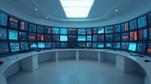 A high-tech control room featuring multiple screens displaying data analytics and visualizations in a futuristic design.