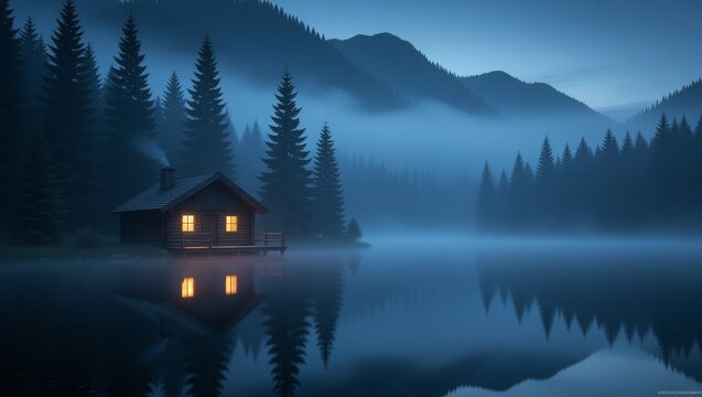 Cabin on lake with misty mountains and pine forest - Powered by Adobe
