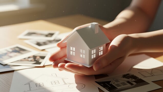 Hands holding house model with architectural plans