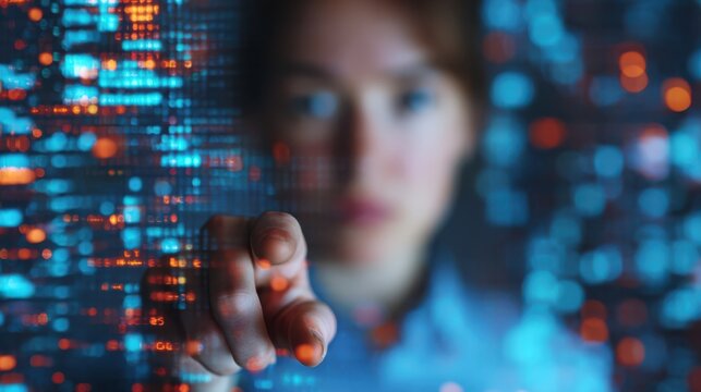 A person interacts with a digital interface, highlighting a futuristic environment filled with colorful data streams and technology.