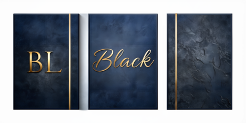 Elegant triptych art featuring the word black with golden accents on dark blue isolated on transparent background