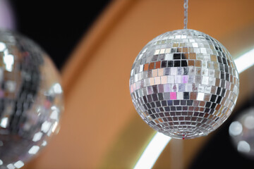 Christmas tree decorated with twinkling lights and snowflakes. Holiday concept.
