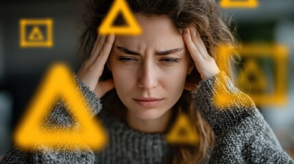 A woman appears stressed, holding her head with visual representations of triangles surrounding her, suggesting a feeling of confusion or anxiety.