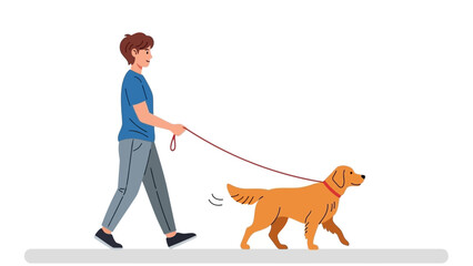 Young man taking his golden retriever for a walk on a leash, enjoying outdoor leisure and pet companionship