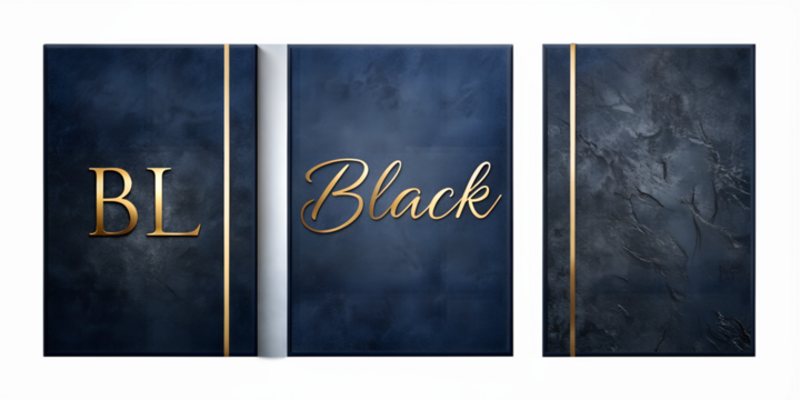 Elegant triptych art featuring the word black with golden accents on dark blue isolated on transparent background