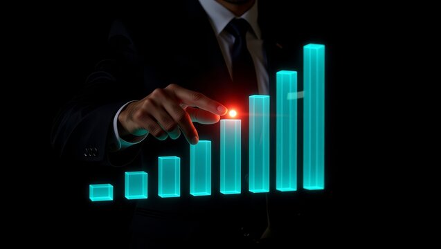 Businessman pointing at glowing bar chart - Powered by Adobe