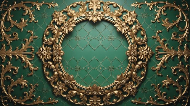 Ornate Golden Frame on Textured Green Background Decorative Floral Design , golden frame, ornate, floral design - Powered by Adobe