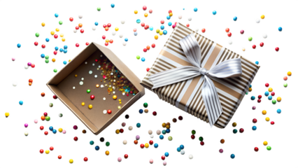 Open gift box with confetti isolated on transparent background for celebration