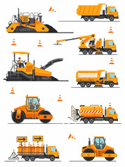 Construction vehicle illustrations featuring asphalt paving milling compaction and maintenance trucks © Faisal