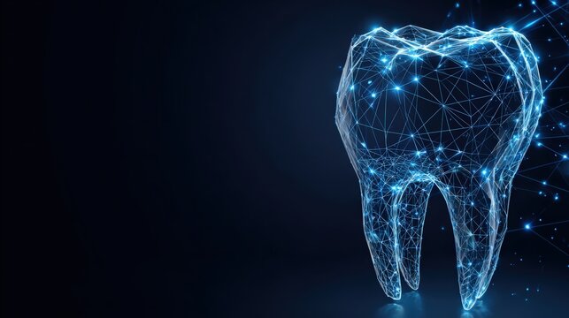 An intricate network of interconnected glowing lines forms a radiant tooth against a deep, dark backdrop. ..Created with Generative AI, not depicting real subjects.