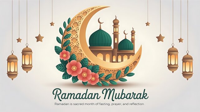 Ramadan Mubarak illustration with mosque crescent moon lanterns and flowers , ramadan, ramadan mubarak, mosque, - Powered by Adobe