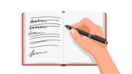 Vector illustration of a hand holding a pen and writing in an open red notebook. Concept for journaling, note-taking, and studying