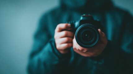 A person holding a camera, capturing a moment against a blurred background, emphasizing the art of photography.