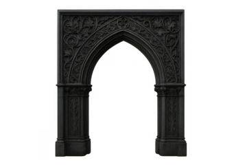 Ornate gothic archway with intricate stone carving providing a mysterious portal, medieval architecture element on transparent background