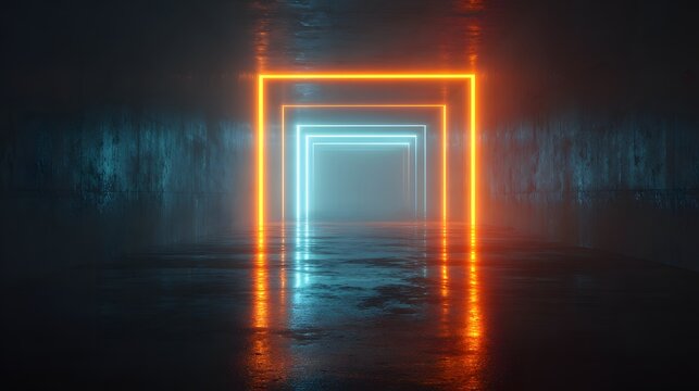 Abstract Neon Light Tunnel with Reflective Wet Floor and Glowing Blue Orange Frames. - Powered by Adobe
