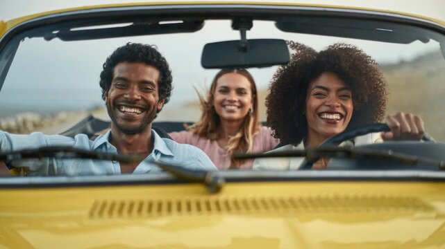 Three friends smiling in a yellow convertible from a driving perspective, wind in their hair, enjoying a joyful road trip as scenery rushes by
