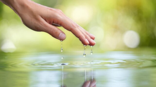 A gentle hand rises from the water surface as droplets slide from the fingertips ripples spread and the camera slowly moves upward to capture the falling drop