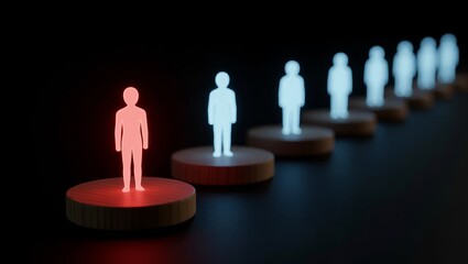 Red and blue glowing human icons on wooden circular bases