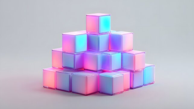 Abstract pyramid of glowing colorful cubes on a light background.